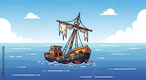 A cartoon illustration of an old, weathered fishing boat with tattered sails floating on a calm blue ocean under a clear sky with white clouds.