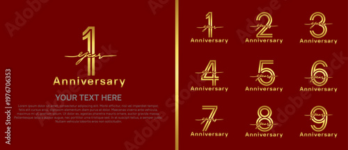 anniversary logo set with handwriting. golden color on red background for celebration moment