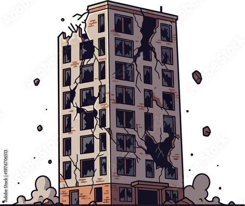A severely damaged building with large cracks and broken windows, debris falling, illustrating destruction or collapse.