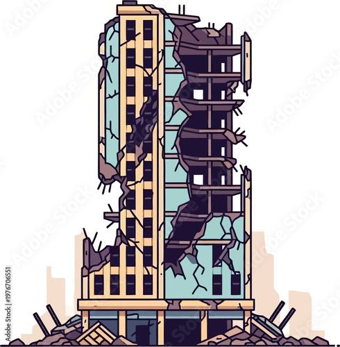 A detailed illustration of a partially destroyed skyscraper with visible damage and rubble.
