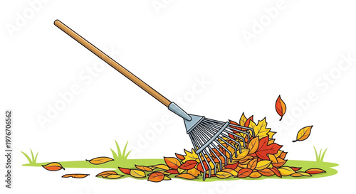 A rake collecting a pile of colorful autumn leaves on a green lawn.