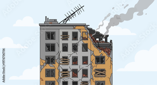 A multi-story building with severe damage, cracked walls, boarded windows, and smoke rising from a fire.