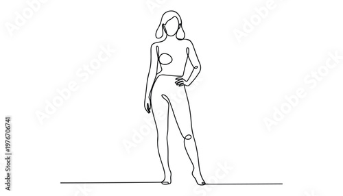 One continuous line illustration of an Standing woman , isolated on white background.