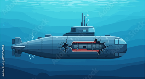 A damaged submarine with a large crack in its hull, revealing internal machinery, submerged in deep blue water with bubbles rising.