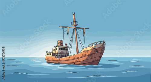 An old, rusty fishing boat with a mast floating on calm blue water under a clear sky.