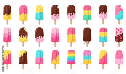 Colorful Ice Cream Popsicle Collection with Different Flavors and Dripping Sweet Frozen Dessert Set Isolated on White Background Vector Illustration