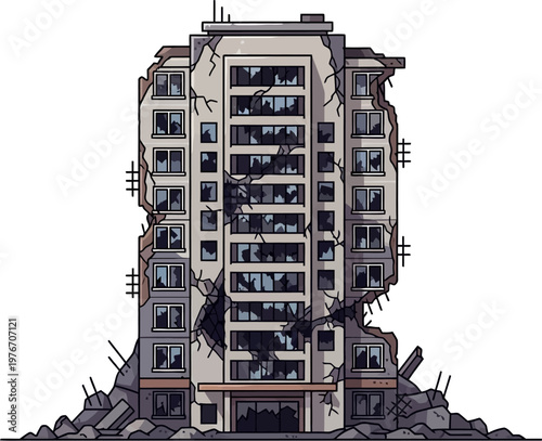 A detailed illustration of a severely damaged, multi-story building with broken windows and crumbling facade, surrounded by rubble and debris.