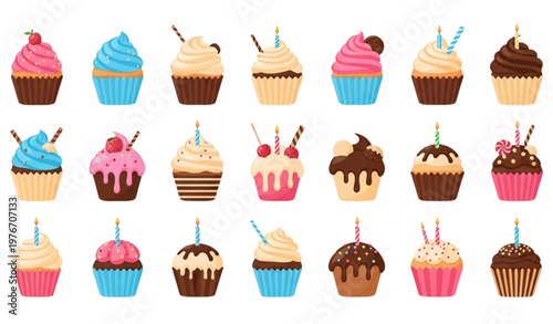 Cupcake Collection with Different Frosting Styles Sweet Dessert Bakery Treats Set Isolated on White Background Vector Illustration
