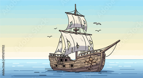 An old wooden sailing ship with tattered sails floats on calm blue ocean water under a clear sky with birds flying above, in a cartoon illustration style.