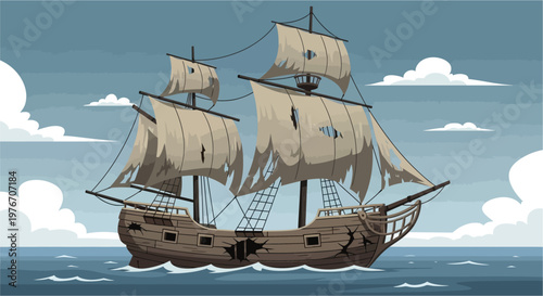 An old, damaged wooden sailing ship with torn sails floats on a blue ocean under a cloudy sky, depicting a weathered vessel.