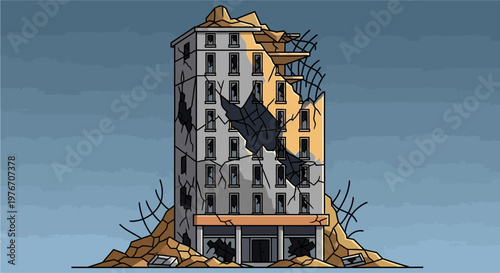A cartoon illustration of a severely damaged, crumbling multi-story building after a disaster.