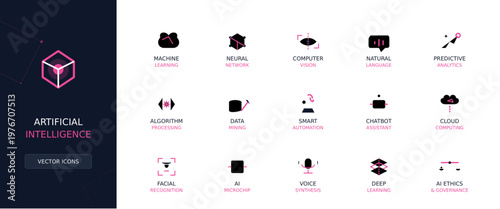 Artificial Intelligence vector icons set with machine learning data science and cloud computing symbols