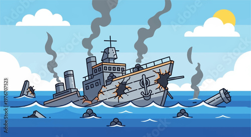 A sinking warship with smoke and damage in the ocean under a blue sky, depicting a naval disaster.