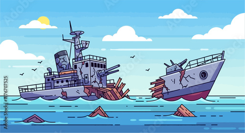 Cartoon illustration of a broken battleship sinking in the ocean under a clear blue sky with a bright sun.