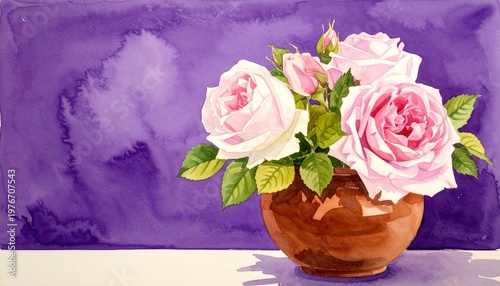 Bouquet of Pink Roses in Brown Vase with Watercolor Purple Background