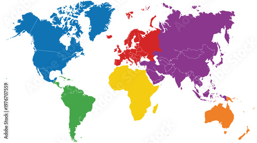 Colorful world map with continents separated by different bright colors on white background.