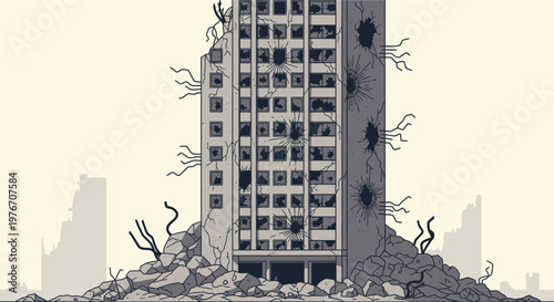 Pixel art illustration of a severely damaged and ruined multi-story building, surrounded by rubble and debris, depicting a scene of urban decay and destruction.