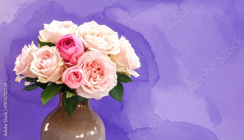 Bouquet of Pink Roses in Brown Vase with Watercolor Purple Background