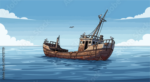 An old, rusty, abandoned fishing boat floats on calm blue ocean water under a clear sky with a few clouds and a distant bird.