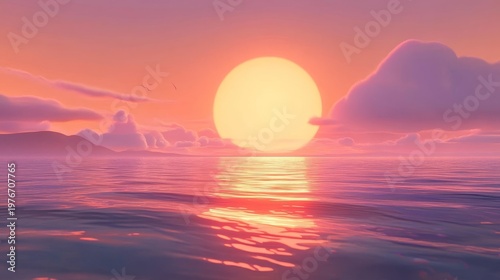 Vibrant sunset over tranquil ocean with clouds reflecting pink and orange hues across the serene water
