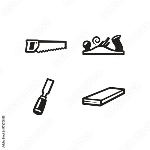 Essential Woodworking Tools Icon Set Featuring Saw Plane Chisel and Sharpening Stone for Craftsmanship