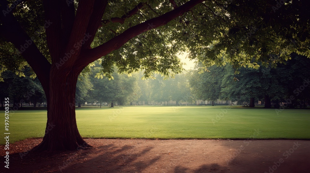 Obraz premium Serene Park Scene with Lush Green Grass and Shady Tree Canopy at Sunrise in a Peaceful Natural Setting