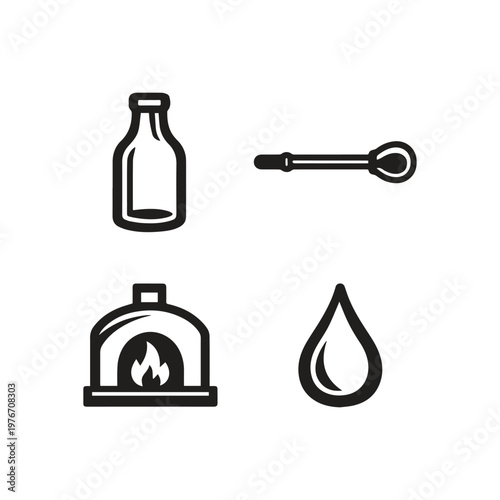 Household basics icon set with bottle spoon baking oven and a fluid drop