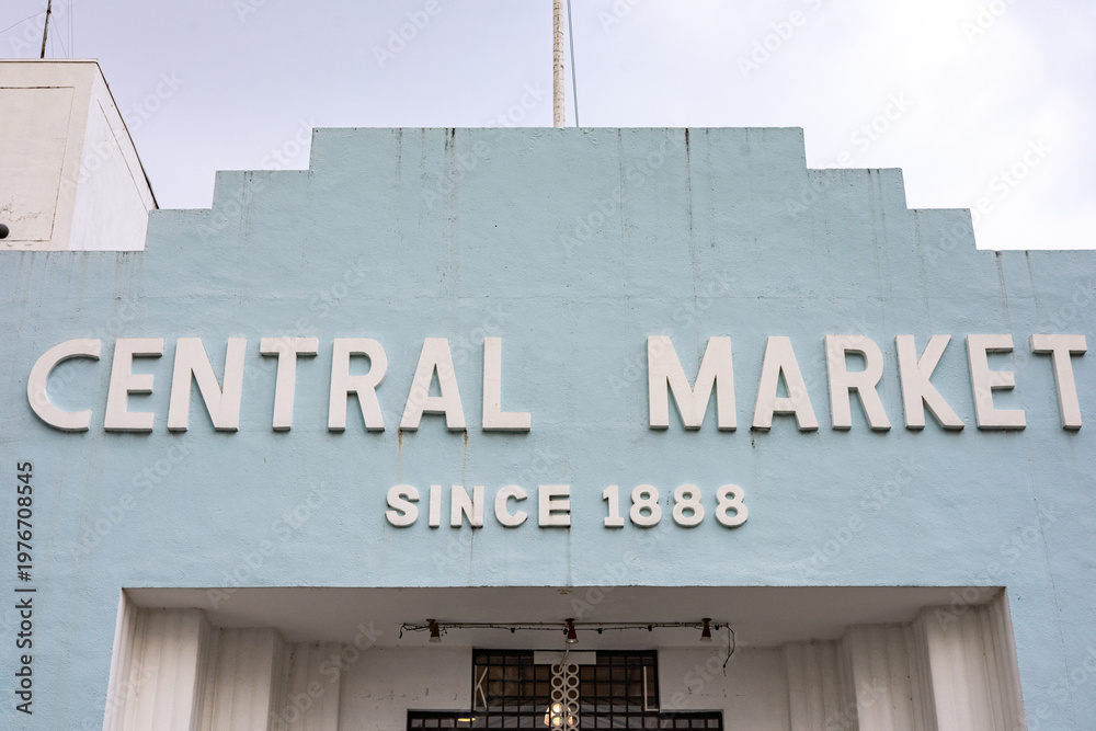Obraz premium Close-up of the pale blue Art Deco facade of Kuala Lumpur’s Central Market. The white lettering 