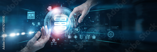 Bild auf Leinwand Provider Hands of human touching on hosting network connection, server infrastructure enabling website storage uptime performance security data management online services