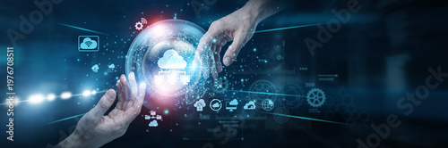 Tableau sur toile Engineer Hands of human touching on cloud computing network connection, virtual systems enabling data storage scalability remote access computing resources digital infrastructure