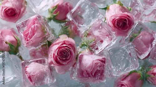  Beautiful pink roses encased in clear ice cubes, creating a striking and unique visual for artistic and refreshing designs, top view.