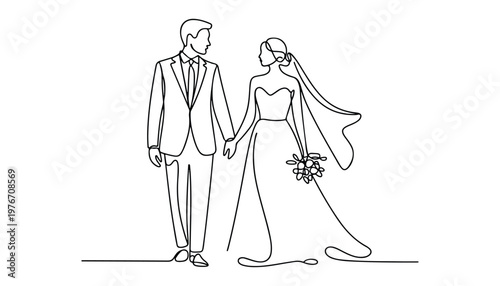 One continuous line illustration of an Wedding Couple , isolated on white background.
