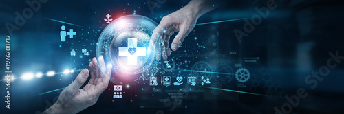 Fotografie Doctor Hands of human touching on healthcare network connection, medical systems enabling patient care digital records treatment monitoring health services innovation