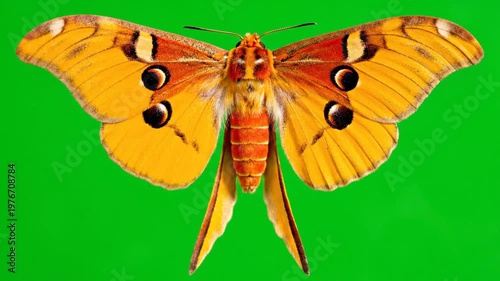 Vibrant orange and yellow Comet Moth with distinctive long tails and eye-spots against a bright green background.