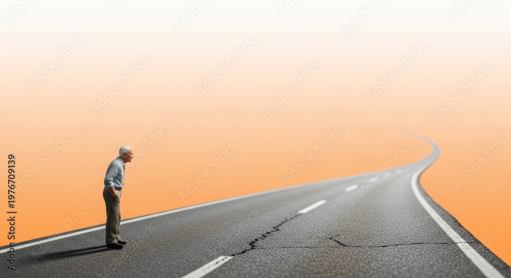 Obraz premium Miniature elderly figure facing uncertain future symbolizes retirement fear, pension insecurity, and long-term financial planning challenges