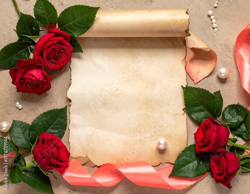 Elegant red rose bouquet with a blank greeting card and vintage paper frame for a romantic Valentine or wedding floral gift invitation