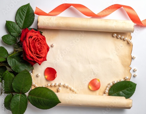 Elegant red rose bouquet with a blank greeting card and vintage paper frame for a romantic Valentine or wedding floral gift invitation