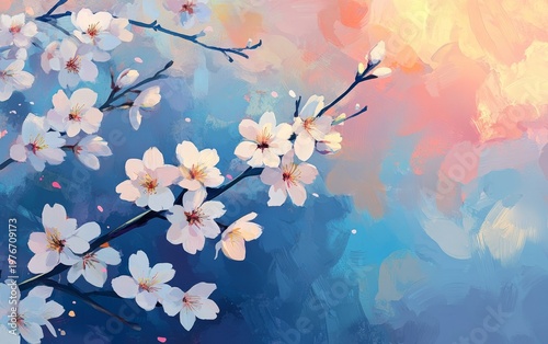 Blossoming cherry branch against a backdrop of vibrant pink and blue hues in a painted landscape