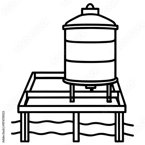 Water tank on platform in minimal line illustration style