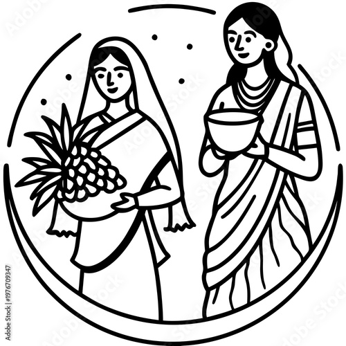 Two women holding baskets in traditional line illustration
