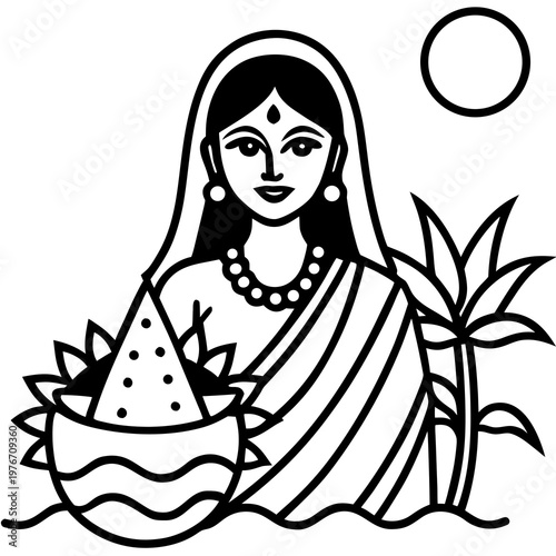 Woman holding fruit in traditional attire line illustration