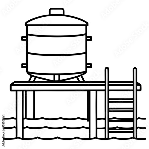 Water tank on platform in simple line icon style