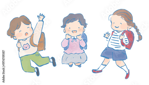 ランドセルを背負った子供の手描き水彩風ベクターイラスト