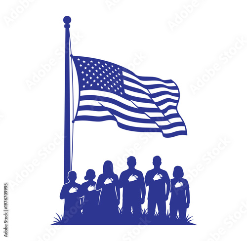 American flag waving with people standing below in patriotism and unity concept