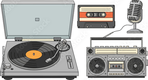 A collection of vintage audio equipment including a turntable, cassette tape, retro microphone, and a boombox, all on a white background.