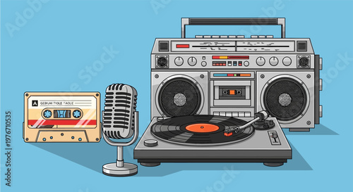 A detailed illustration of retro audio equipment including a boombox, cassette tape, microphone, and turntable on a blue background.