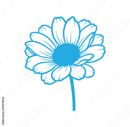 blue flower illustration with white petals and blue center on white background