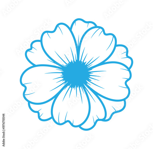 blue flower graphic illustration with white petals and blue center lines