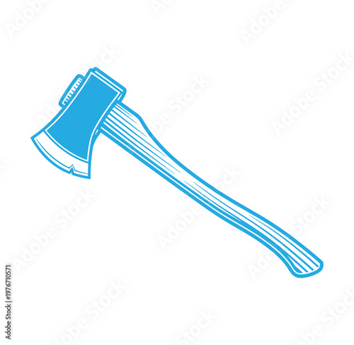 blue drawing of an axe with a long handle on white background