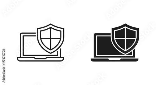 Cyber security laptop icons with shield, digital data protection symbols, network safety and antivirus software vector set for web design